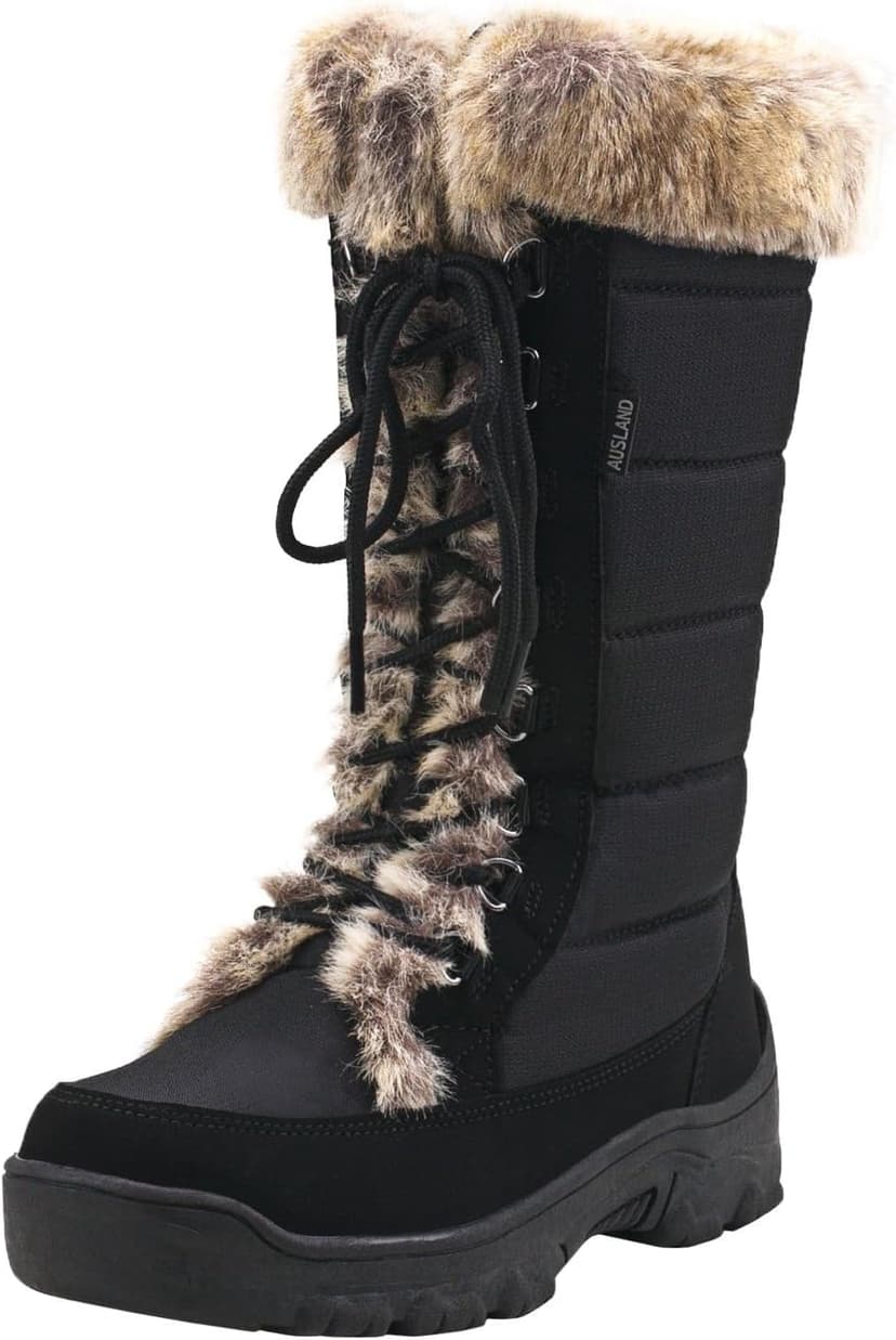 AUSLAND Women's Black Winter Snow Boots Twin Peaks Fur Cuff Mid-Calf Waterproof Lace Up Boots