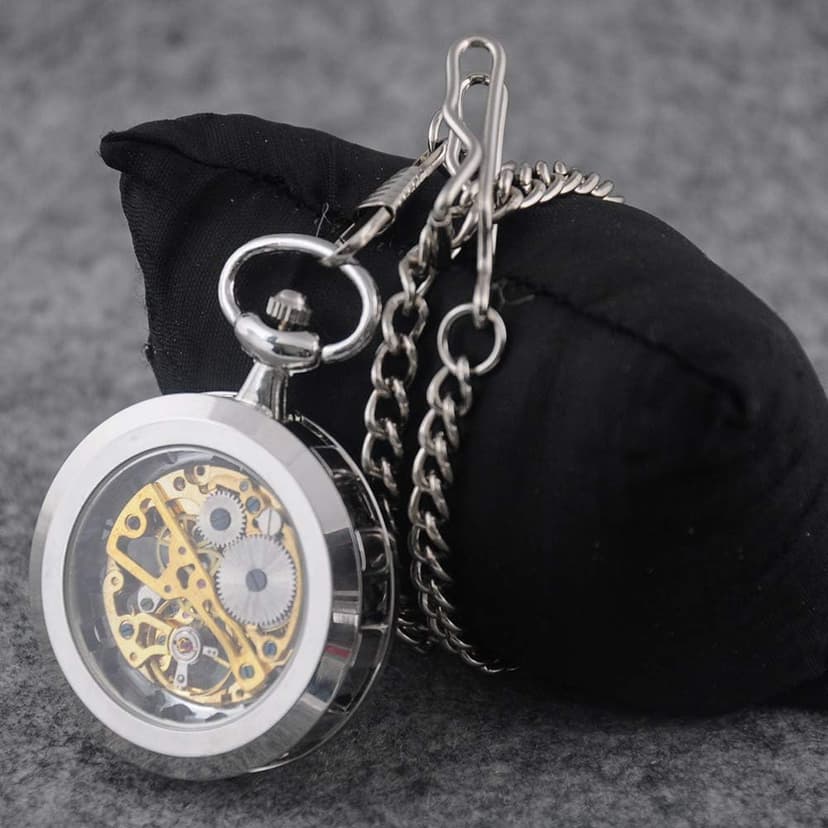 VIGOROSO Mens Classic Steampunk Pocket Watch with Chain Skeleton Hand Wind Mechanical Pocket Watches for Men & Women