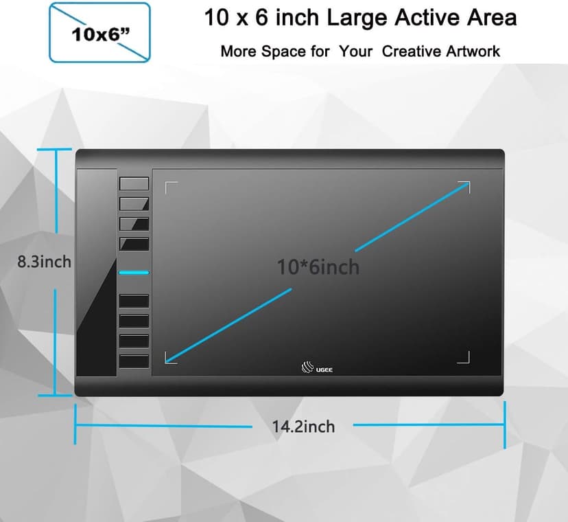Graphics Drawing Tablet, UGEE M708 10 x 6 inch Large Drawing Tablet with 8 Hot Keys, Passive Stylus of 16384 Levels Pressure, UGEE M708 Graphics Tablet for Paint, Design, Art Creation Sketch