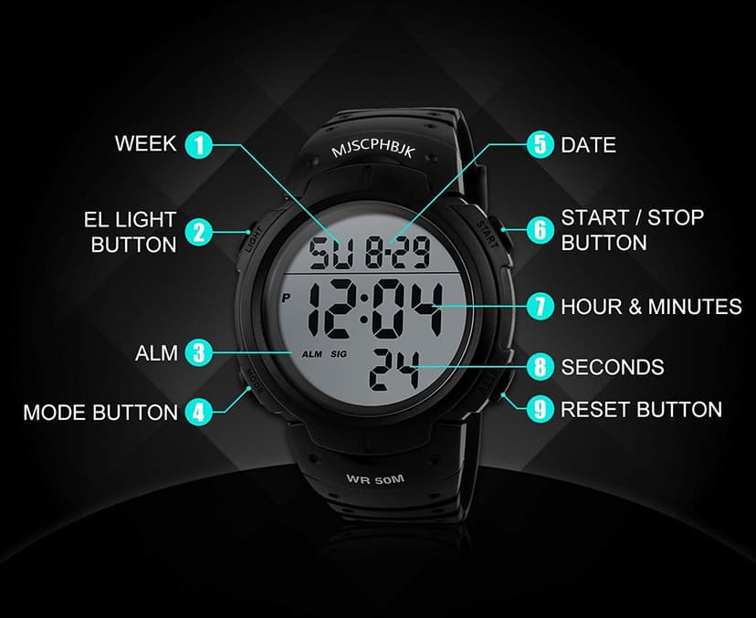 MJSCPHBJK Mens Digital Sports Watch, Waterproof LED Screen Large Face Military Watches for Men