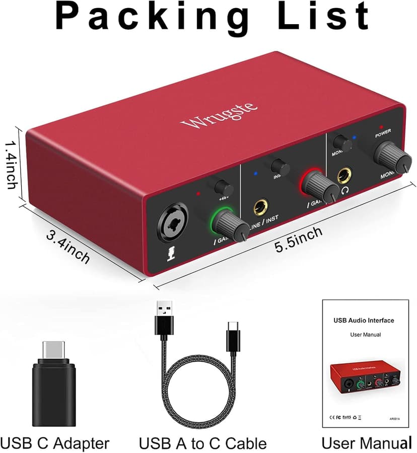 Wrugste USB Audio Interface Solo(24Bit/192kHz)+48V Phantom Power for Computer Recording Podcasting and Streaming Plug and Play Noise-Free Wrugste XLR Audio Interface for PC No Software Included