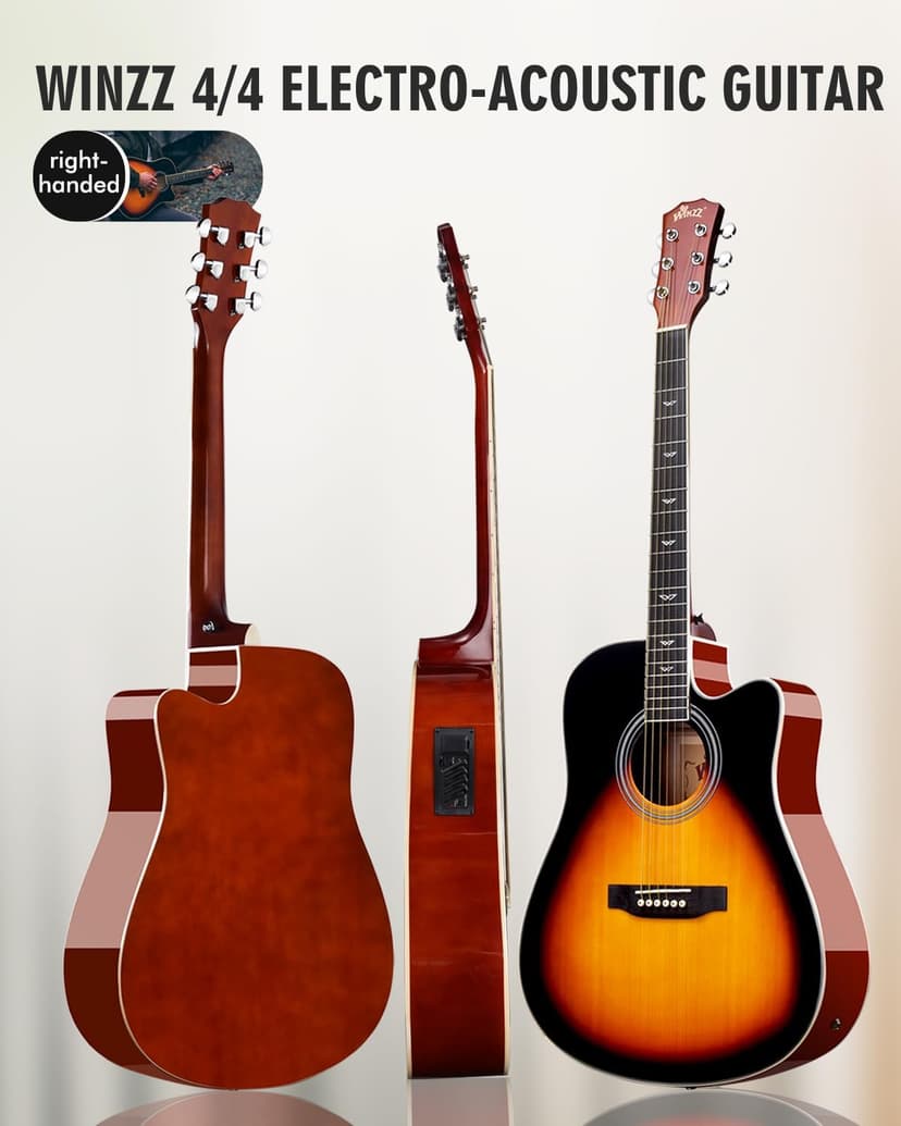 Winzz Acoustic-Electric Guitar 4/4 Full Size for Adults Beginners and Teens,6 Steel-String Acustica Guitarra Starter Kit, 4-Band Equaliser, 41" Dreadnought Cutaway, Glossy Sunburst, Right Hand