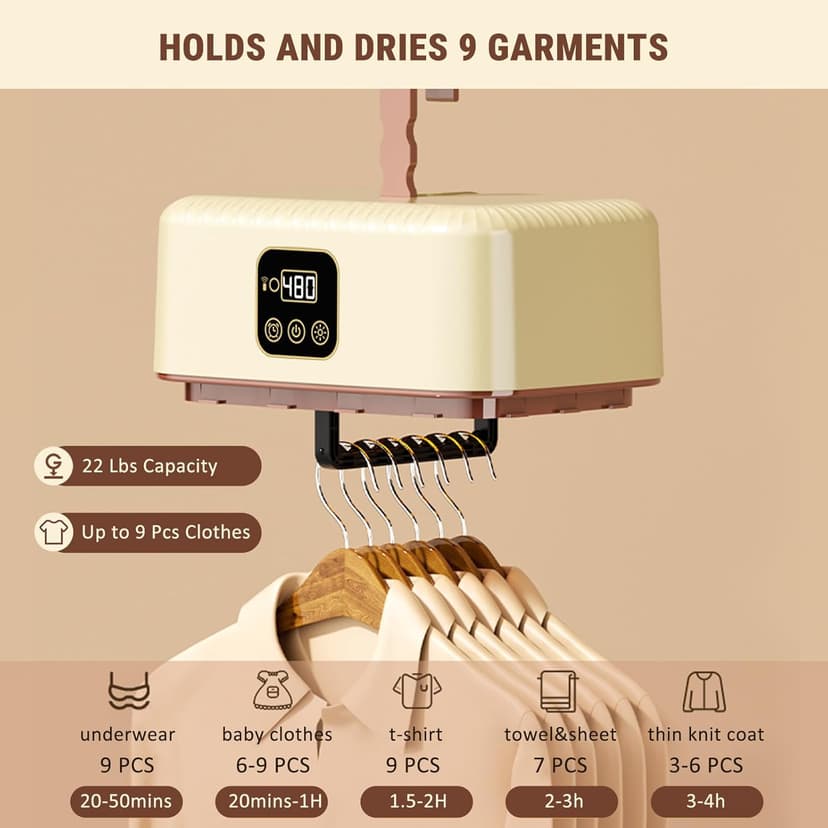 Portable Clothes Dryer Hold 9-12 Items, 8H Timer, w/Remote Control & Dry Bag, Mini Compact Foldable Fast Electric Dryer Machine for Laundry, Travel, Apartment, RV, Dorm, Quiet 45dB, Energy Save, 600W