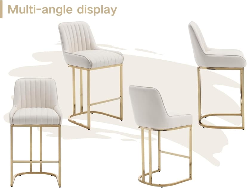 CIMOTA Counter Height Bar Stools Set of 2 with Back Modern Kitchen Counter Stools with Gold Legs Leather Island Chairs Comfy Stripe Barstools for Breakfast Bar, 26 Inch/PU Beige