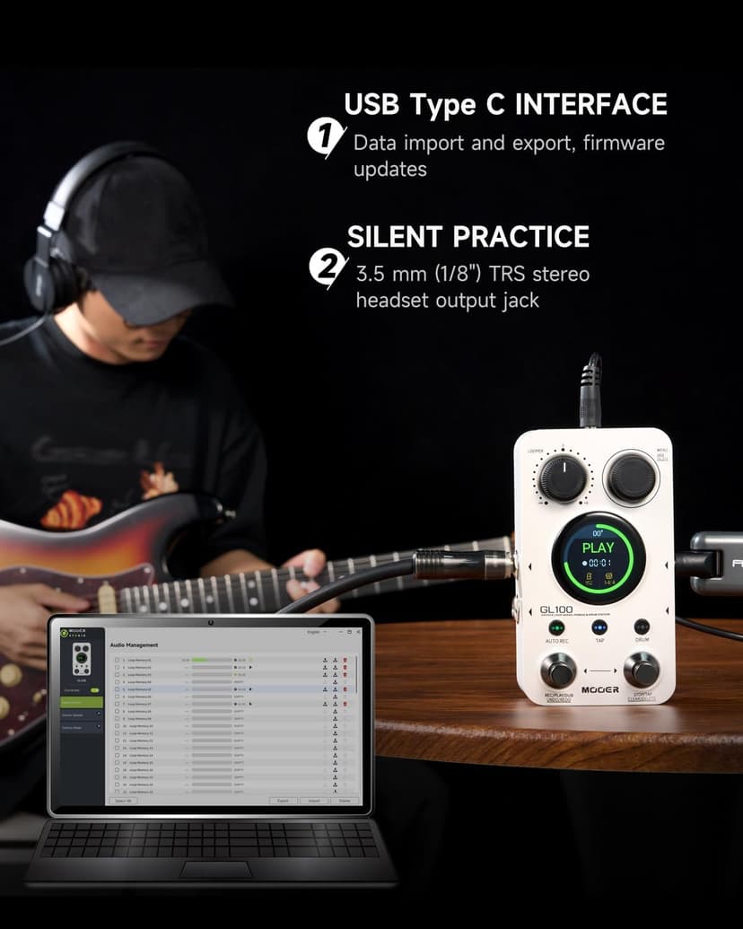 MOOER GL100 Looper Pedal Drum Machine, 2 in 1 Drum Looper Guitar Pedal 1.3-inch Touchsreen 100 Slots with 300 Minutes in Total Auto-record Time Stretch Function Dedicated Editor Software