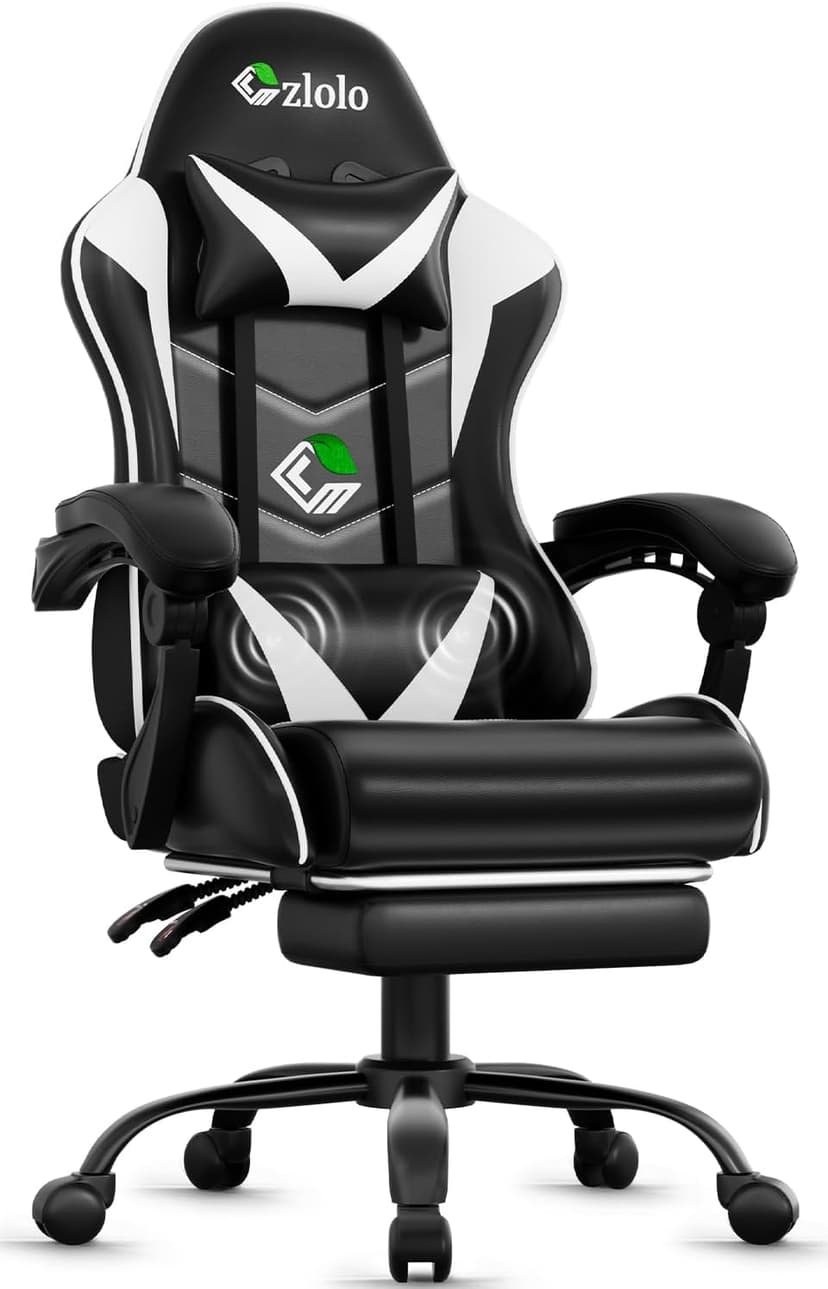 Czlolo Gaming Chair with Footrest Racing Style Lumbar Support Massager Video Game Chair with Metal Legs, High Back Reclining Gamer Chair with Headrest, 360° Swivel Office Computer Desk Chair (White)