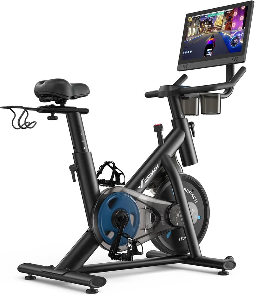 MERACH Exercise Bike, Brake Pad Stationary Bike with Exclusive App, Low Noise Indoor Cycling Bike with 300lbs Weight Capacity, Tablet Mount and Fitness Courses for Weight Loss