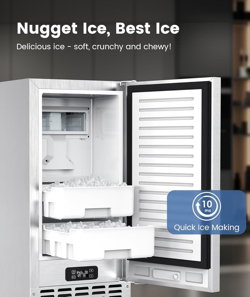 Electactic Nugget Ice Machine, Commercial Undercounter Ice Maker, 66Lbs/Day, Built-in Freestanding Stainless Steel, Self-Cleaning & 24H Timer for Business/Bar