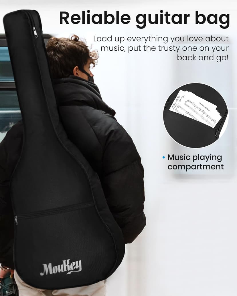 Moukey 41" Acoustic Guitar for Beginners Adult Teen Full Size Guitarra Acustica with Chord Poster, Gig Bag, Tuner,Steel Strings, Capo, Strap - Black