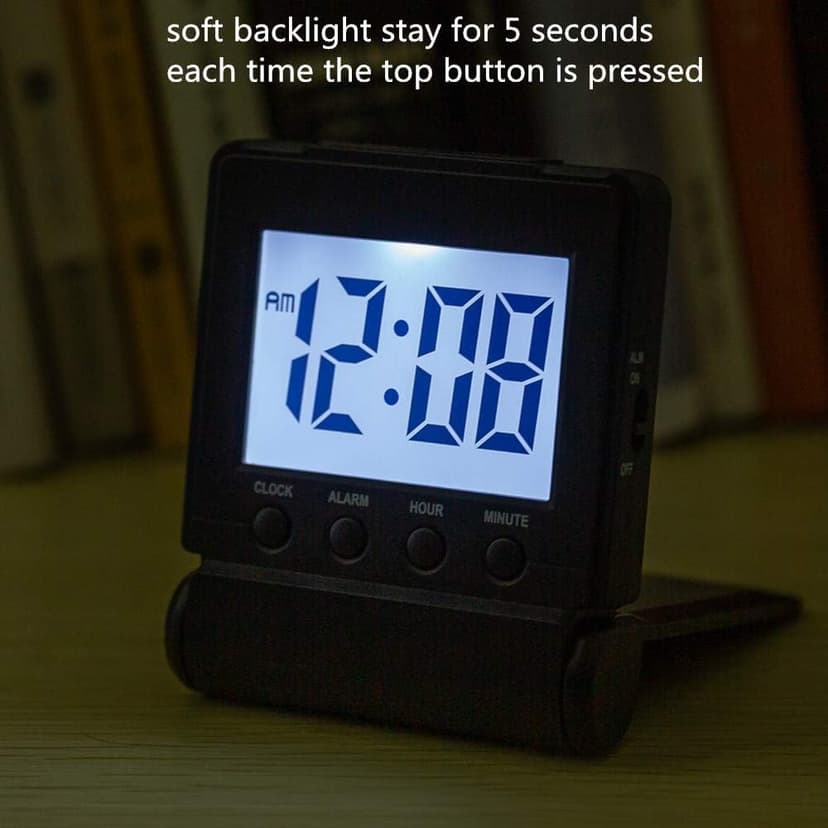 FAMICOZY Compact Digital Travel Alarm Clock with High/Low Volume Options,Simple to Set,Easy to Read,Bold Digits,Snooze Backlight,Quality Construction,2 AAA Battery Operated,Black