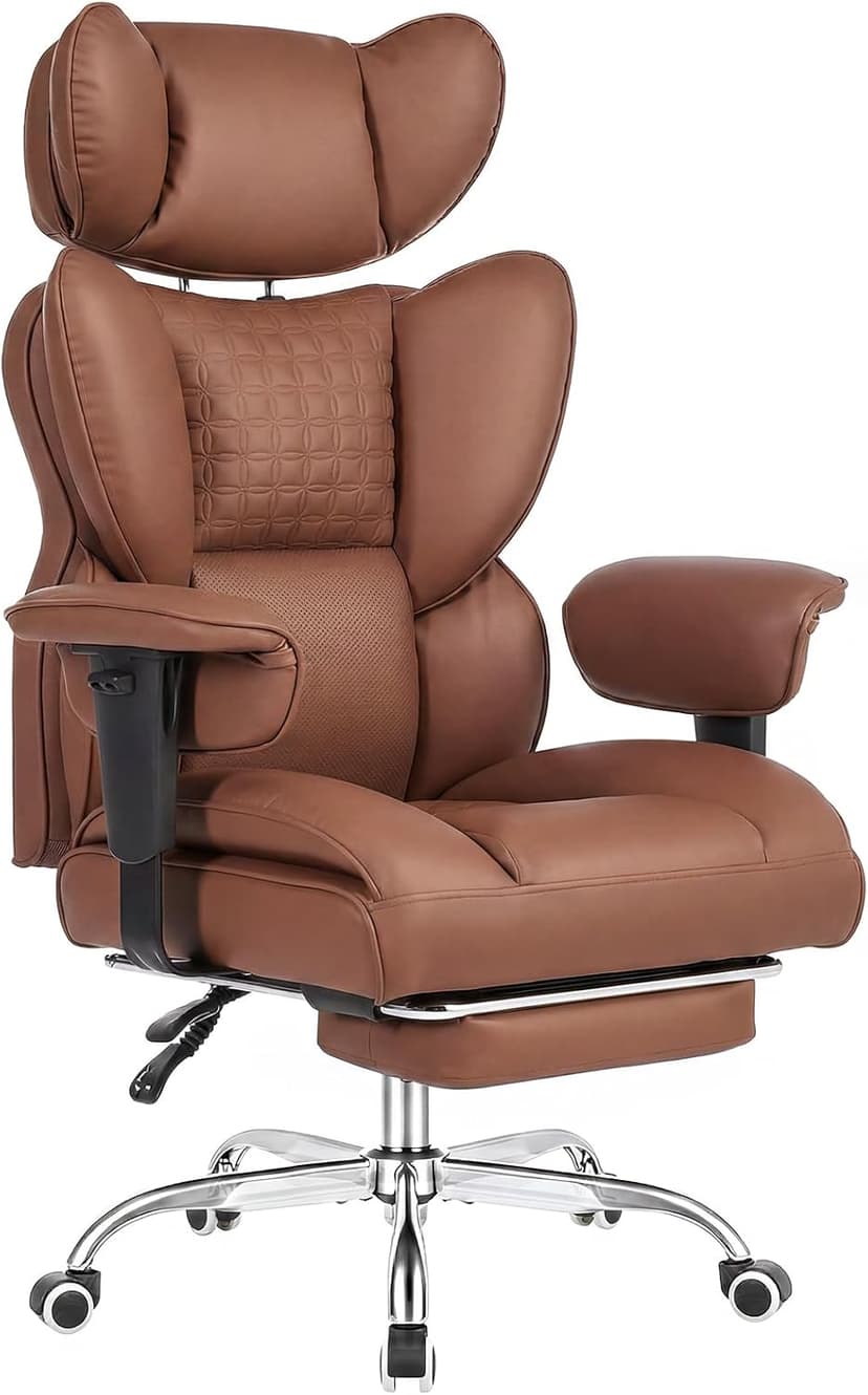 DUMOS Big and Tall Home Office Desk Chair, Gaming Computer Chair, Executive Ergonomic Chair with Footrest, High Back Reclining, Adjustable Armrests and Comfy Lumbar Support, PU Leather, Brown