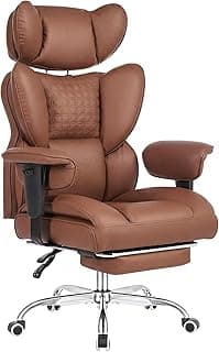 DUMOS Big and Tall Home Office Desk Chair, Gaming Computer Chair, Executive Ergonomic Chair with Footrest, High Back Reclining, Adjustable Armrests and Comfy Lumbar Support, PU Leather, Brown