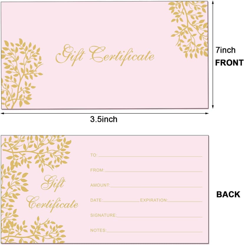 Generic Paper Certificate Gift Card, Customer Client Voucher for Spa Salon Restaurant, Thanksgiving Christmas, Small Business Outus 50 Pcs Blank Gift Certificate for Business Voucher 3.5x7 Inch, Pink B0DBJ4V29J