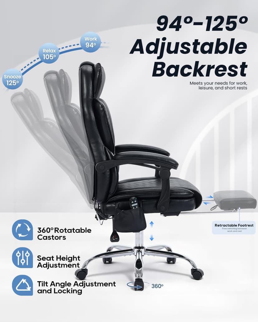 500LBS Massage Office Chair with Foot Rest, 6 Points Vibration and Heat Home Office Desk Chairs, 22.05” Wide Big and Tall Office Chair for Heavy People, Ergonomic Reclining Gaming Chairs, Black