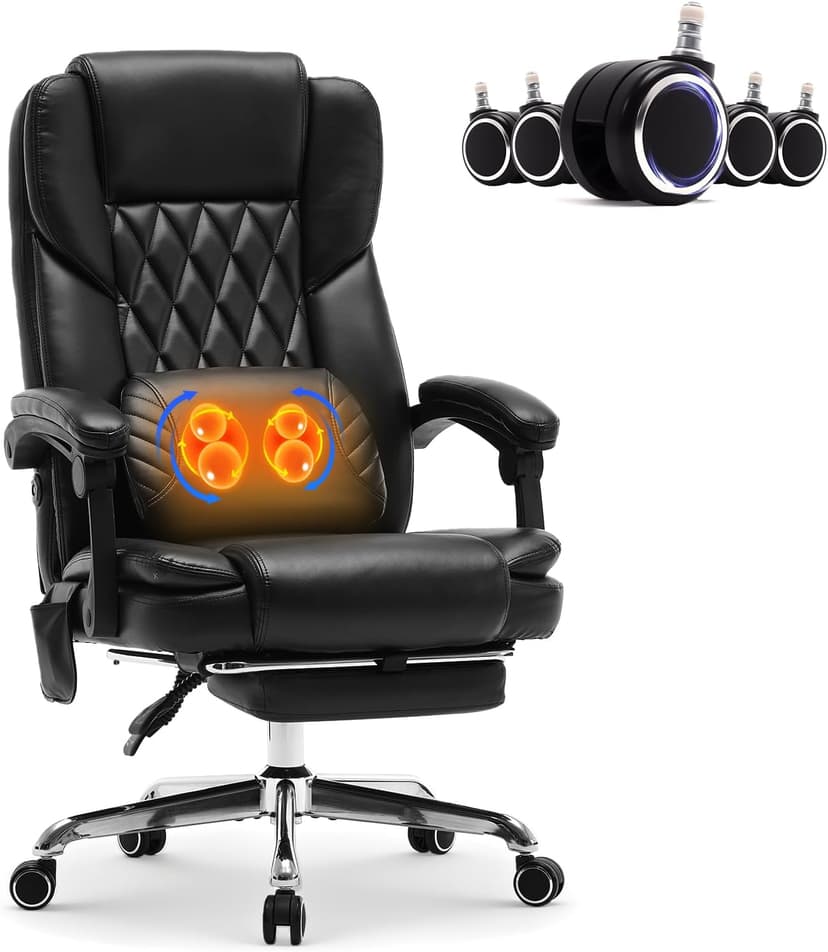 500LBS Massage Office Chair with Foot Rest, 3D Kneading Massage Home Office Desk Chairs, 22.83” Wide Big and Tall Office Chair for Heavy People, Ergonomic Reclining Gaming Chairs, Black