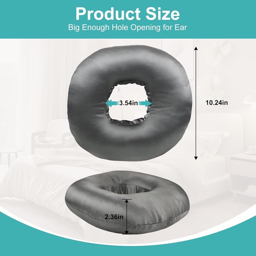 Piercing Pillow for Side Sleepers with an Ear Hole, Donut Pillow for Ear Pain CNH | Pain Relief Sleeping | Pressure Sore | Satin Washable and Adjustable Ear Protector (Dark Gray)