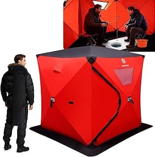 FUNHORUN Ice Fishing Shelter with Removable Floor Mat, 1-2 Person Pop Up 300D Ice Fishing Tent, 58 Inch Portable Hub-Style Shanty with Anchors, Ropes and Carrying Bag, Non-Insulated