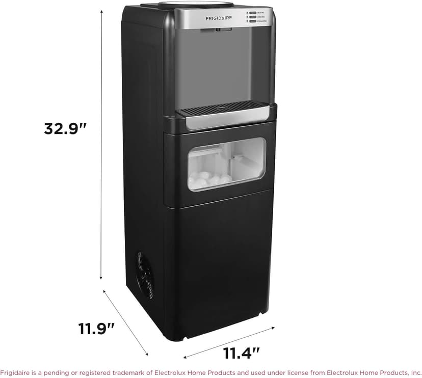 Frigidaire 3-in-1 Hot or Cold Top-Load Water Cooler Dispenser, 5 Gal Bottle, Built-in Bullet Ice Maker, Compact, Black