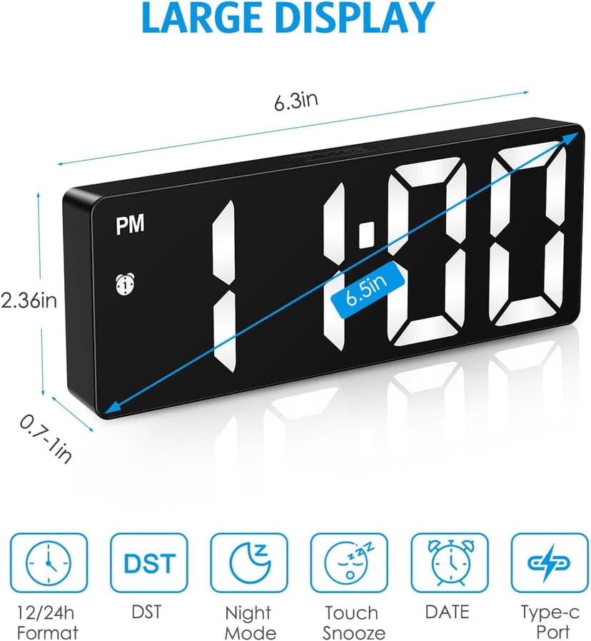 AMIR Digital Alarm Clock, [Upgraded Version] LED Clock for Bedroom, Electronic Desktop Clock with Type-C Port,Adjustable Brightness,DST,Snooze,12/24H Display for Home,Office