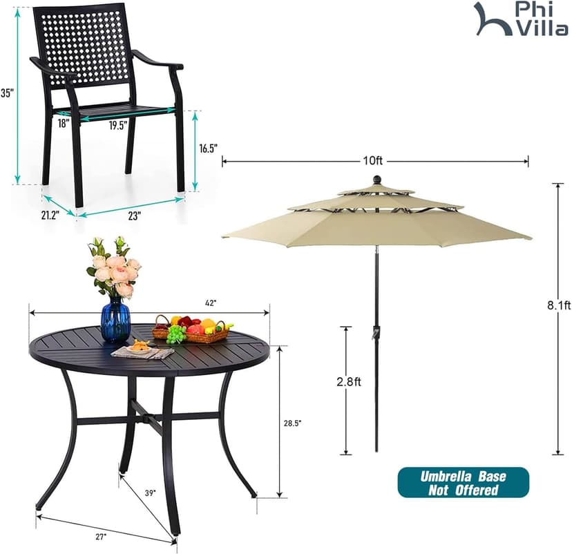 PHI VILLA 5 Pieces Outdoor Dining Set for 4 with Umbrella, 42" Large Round Metal Steel Table & Stackable Iron Chairs with Cushions & 10ft Beige Umbrella, Modern Furniture for Patio, Deck, Yard, Porch