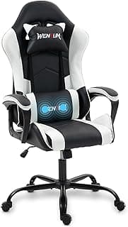 Gaming Chair PU Leather Massage PC Video Game Chair with Lumbar Support for Men Women, Home Office, Height Adjustable, Ergonomic, High Back, White