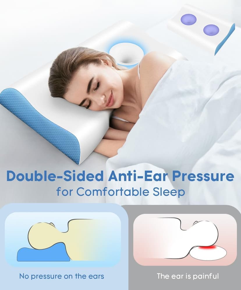 Cervical Pillow for Neck Pain Relief - Contour Pillow Memory Foam Pillows for Sleeping, Double Ear Relief Zones Neck Pillow, 6CM Enhanced Neck Support Cooling Bed Pillow for All Sleep Positions