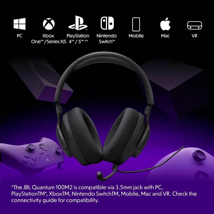 JBL Quantum 100M2 - Wired Over-Ear Gaming Headset with omnidirectional, Detachable mic with Mute Option and Fabric-Covered Memory Foam Ear Cushions, Compatible with All Platforms (Black)
