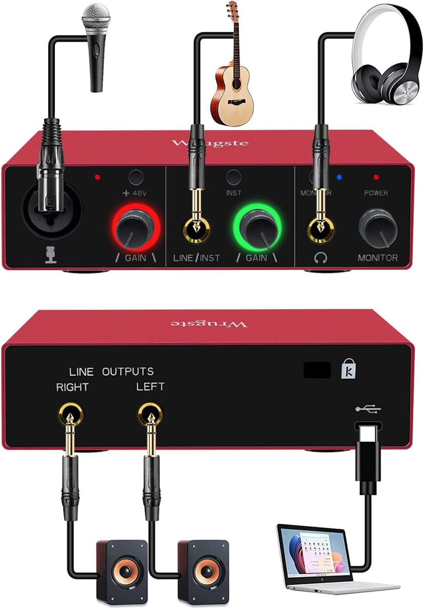 Wrugste USB Audio Interface Solo(24Bit/192kHz)+48V Phantom Power for Computer Recording Podcasting and Streaming Plug and Play Noise-Free Wrugste XLR Audio Interface for PC No Software Included