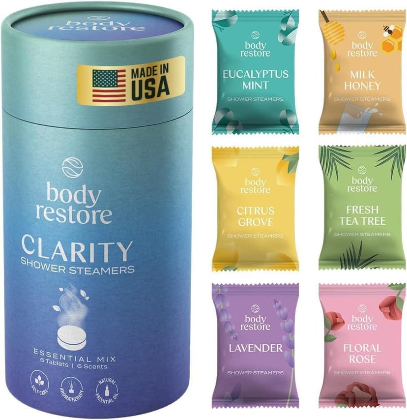 Body Restore Shower Steamers Aromatherapy 6 Pack - Birthday Gifts for Men, Women, Dad Gift, Stress Relief, Relaxation, Self Care - Clarity