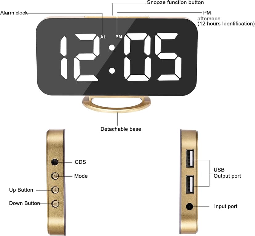 Sukeen Digital Alarm Clock,6" Large LED Display with Dual USB Charger Ports | Auto Dimmer Mode | Easy Snooze Function, Modern Mirror Desk Wall Clock for Bedroom Home Office for All People (Gold)