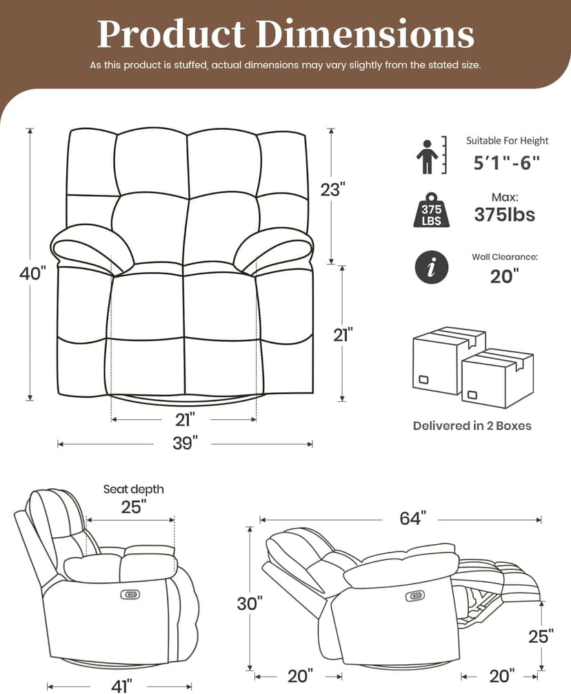 Oversized Power Swivel Rocker Recliner Chair for Big and Tall, Electric Chenille Glider with USB Ports, Extra Wide Overstuffed Reclining Sofa for Living Room Nursery, 375lbs (Brown, Power)