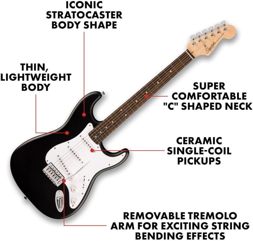 Fender Squier Debut Series Stratocaster Electric Guitar, Beginner Guitar, with 2-Year Warranty, Includes Free Lessons, Black with Matte Finish