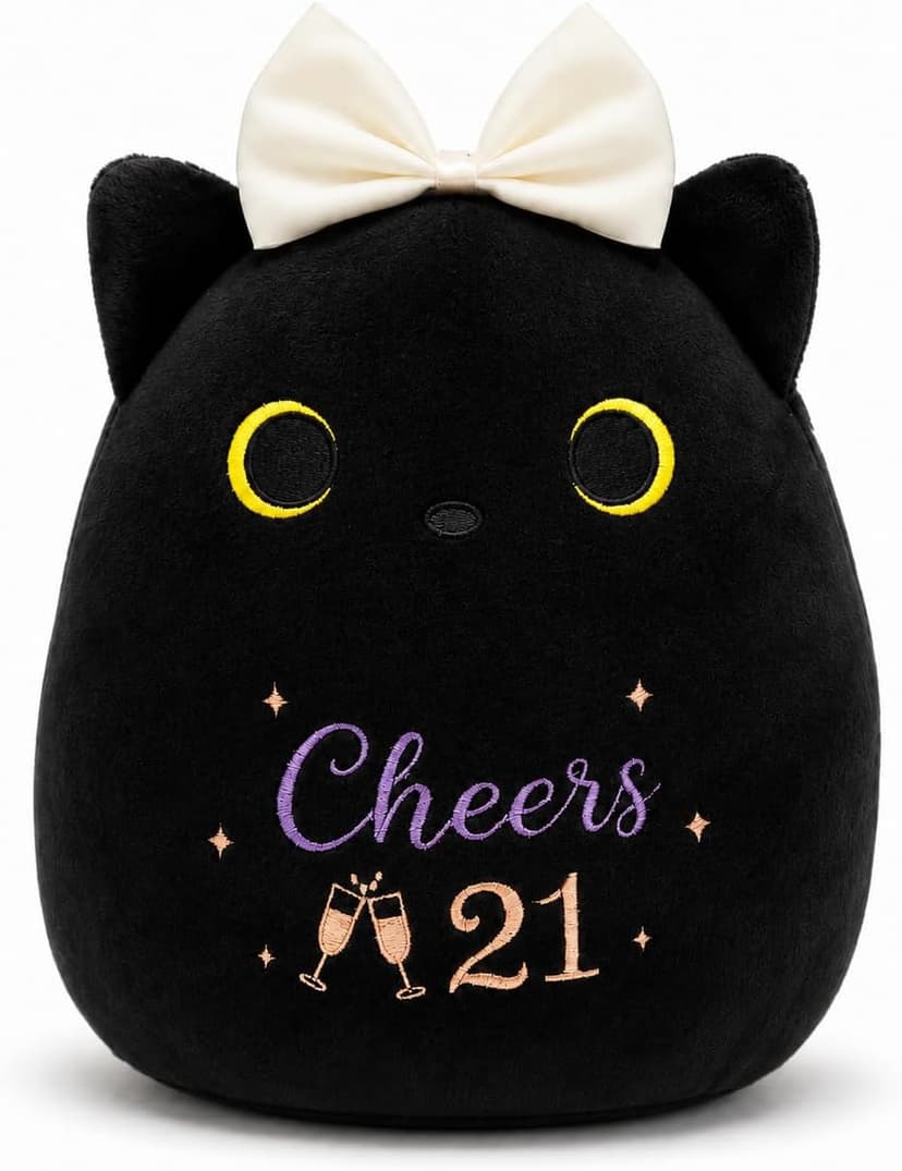 8inch Cat Stuffed Anmals with Cheers 21, Soft Plush Cute 21 Year Old Birthday Gifts for Girls Women 21st Birthday Black Cat Plush, 21st Birthday Gifts for Girls Her B0H2GV3YWL