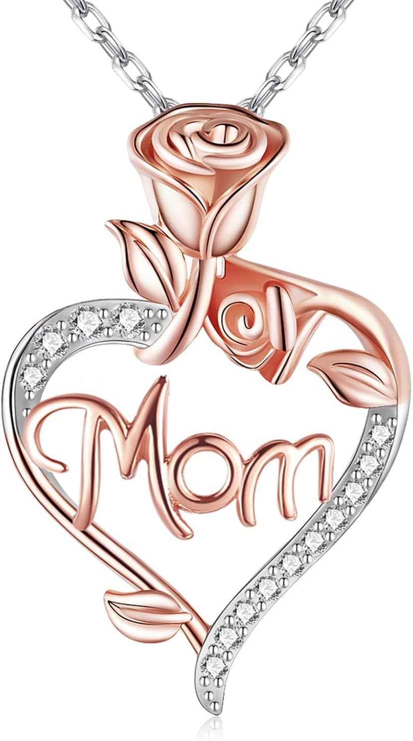 Mom Birthday Gift, Mothers Day Gift, Christmas Gift, Jewelry Gifts for Mom from Daughter Son Desimtion Sterling Silver Eternal Rose Heart Mom Necklaces for Women B0BYYLBBTJ