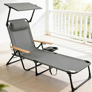 Folding Lounge Chair with Canopy, Tanning Chair with 4-Position Reclining Back, Folding Sun Lounger, Outdoor Lounge Chair for Beach, Poolside, Backyard, Camping, UPF 50+ Sun Shade, 300 LBS