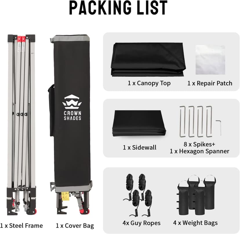 CROWN SHADES 10x10 Pop Up Canopy with 1 Side Wall - Beach Tent with One Push Setup - Outdoor Sun Shade for Events, Parties, Camping - Gazebo with STO-N-Go Cover Bag (Black)