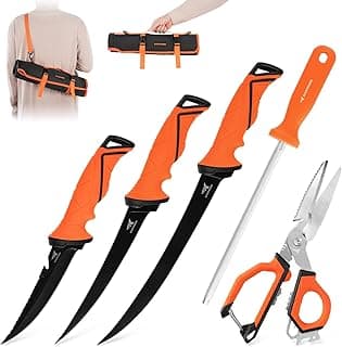 KastKing Paradox Fishing Knife Tool Set – Includes 9" & 7" Fillet Knives, 5" Bait Knife, 9" Versatile Bait Shears, 12" Honing Rod, Non-Slip Handles, Custom Sheaths, and Carrying Case – Fishing Gear