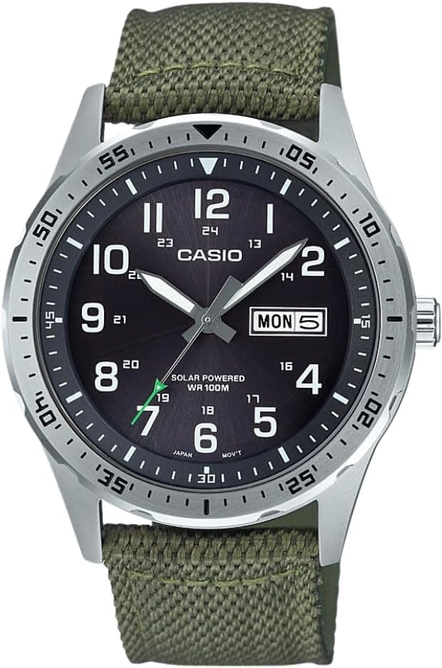 Casio MTPS120L Series | Unisex Analog Watch | 100M WR | Stainless Steel Case | 3 Hand Analog (HR, Min, SEC) | Date Display | Low Battery Alert | Military Styling | Solar Powered