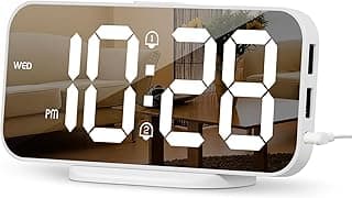 ALANAS Slim Digital Alarm Clock, Big Mirror Display with Dual USB Charger Ports, Dual Alarms, Snooze, 4-Level Adjustable Dimmer,for Bedroom, Office, Desk, Dorm, College Students, Home Decor,Gift