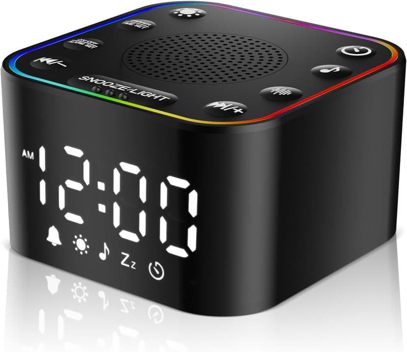 Alampan White Noise Sound Machine with Alarm Clock, 30 Soothing Sounds, Noise Machine for Sleeping, RGB Night Light, Digital Clock, Adults, for Bedside, Nightstand, Including Fan, Rain, Bird, Ocean