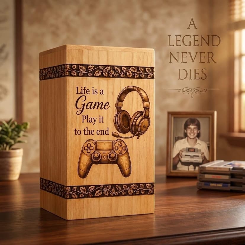 Steamed Beech Wood Gaming Memorial Urn Box for Ashes, Handmade Wooden Cremation Urn, Gamer Funeral Keepsake and Remembrance Box, Gamer urn, Gaming Memorial urn B0HH7PF8LT