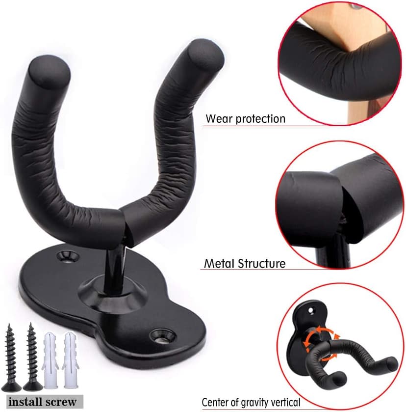 Sound harbor Guitar Wall Mount Hanger 2 Pack Hook Acoustic Electric Bass Guitar Wall Hanger Black Metal Guitar Holder