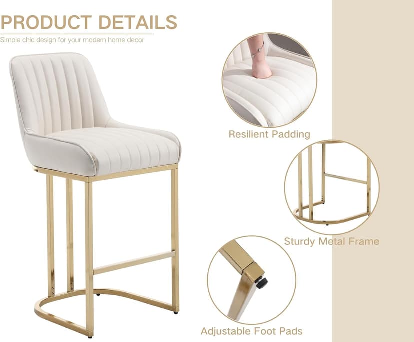 CIMOTA Counter Height Bar Stools Set of 2 with Back Modern Kitchen Counter Stools with Gold Legs Leather Island Chairs Comfy Stripe Barstools for Breakfast Bar, 26 Inch/PU Beige