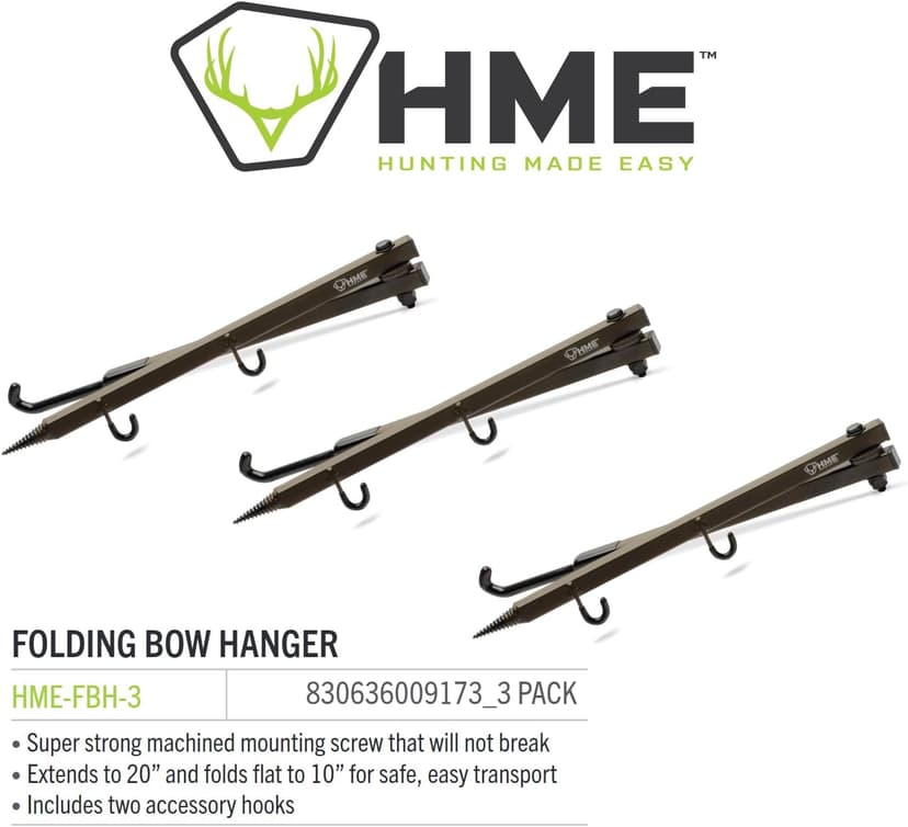 HME Durable Secure Convenient Portable Folding Tree Stand Bow Hanger w/Two Accessory Hooks - Extends to 20", Folds to 10", 3 Pack
