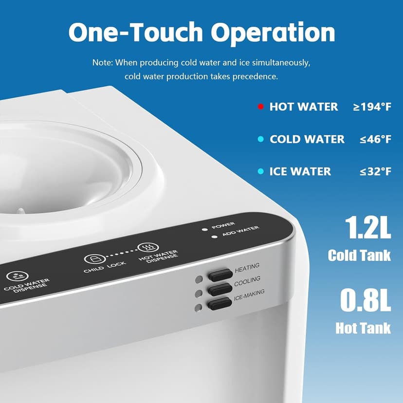 4 in 1 Water Cooler Dispenser with Ice Maker, Hot & Cold Water Dispenser for Home & Office, 33lbs/24H Bullet Ice, Top Loading 3-5 Gallon, Child Safety Lock, Ice Ready in 7 Mins (White)