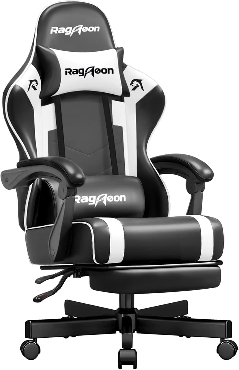Gaming Chair for Adults Gamer Game - Ergonomic Gaming Chair with Footstool, Headrest, and Lumbar Support Height Adjustable Leather Game Chair’s 200 KG Load Bearing Capacity White