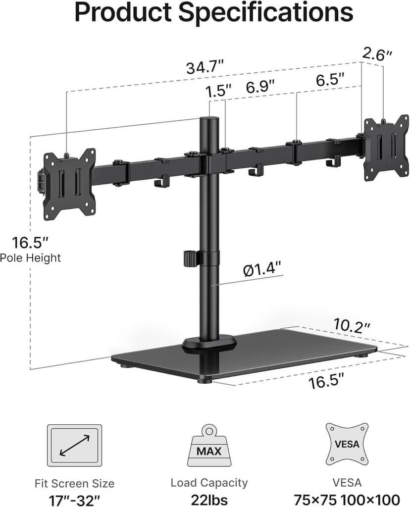 monTEK Freestanding Dual Monitor Stand with Sleek Glass Base for 17-32 inch Screens, Heavy-Duty Dual Monitor Mount Holds 22 lbs per Arm, Fully Motion Height Adjustable, VESA 75/100 MM