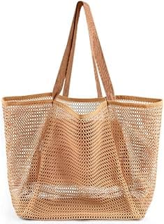 HOHOM Beach Bags for Women, Summer Travel Mesh Tote Bag with Large Inner Pocket, Sandproof Woven Shoulder Handbag