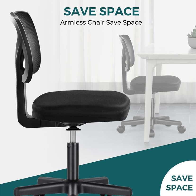DUMOS Armless Office Chairs with Wheels, Ergonomic Adjustable Home Desk Swivel Rolling Task Chair No Arms, Comfy Mesh Mid Back Computer Work Vanity Desk Chairs for Small Spaces, New Black