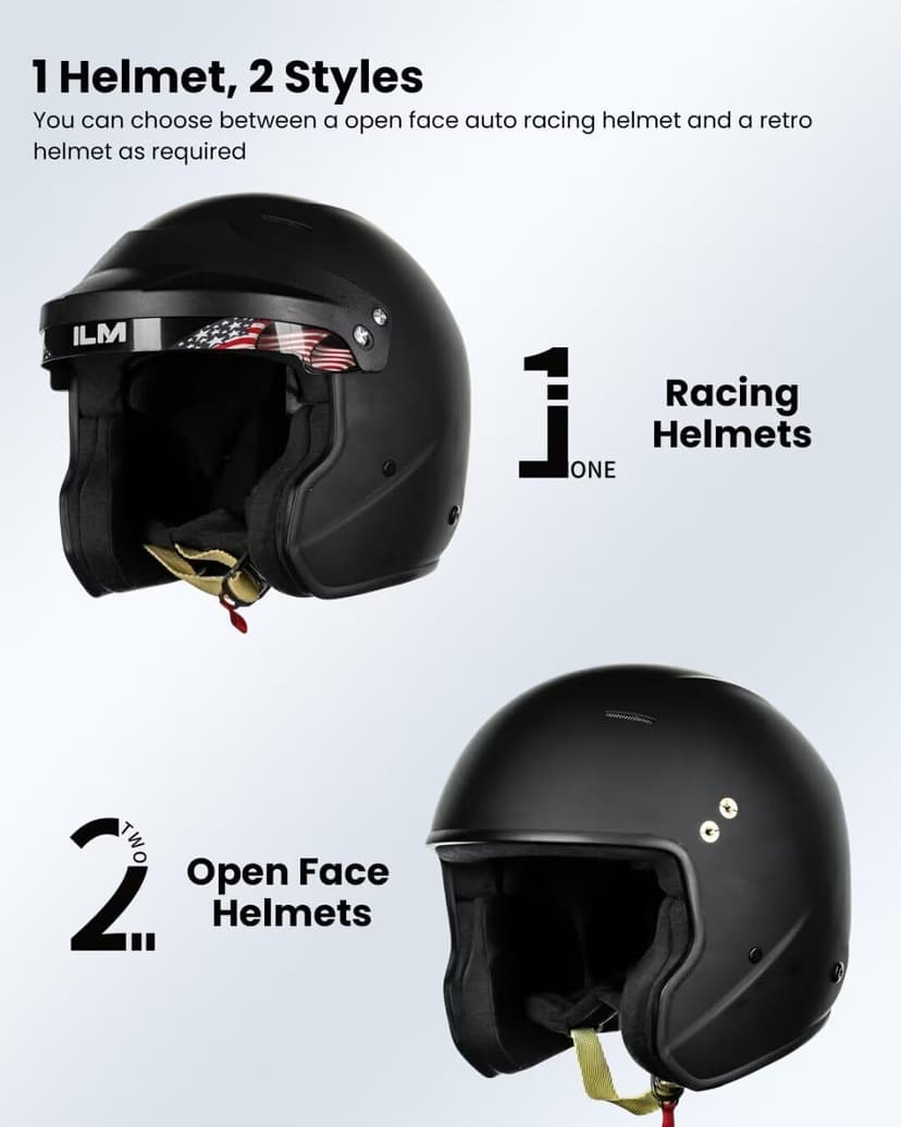 ILM Snell SA2025 Open Face Auto Racing Helmets for Men and Women Model R85(L, MatteBlack)